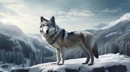 Capture the majestic sight of a lone wolf in a vast snowy landscape, embodying survival instincts Use digital rendering techniques to create a photorealistic scene blending wildlife photography. - obrazy, fototapety, plakaty