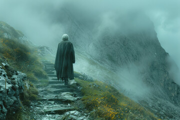 An elderly man returns to the mountains he once climbed, discovering paths that now glow softly, ill