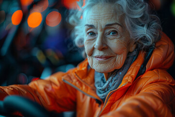 An elderly woman on a stationary bike at a gym, the wheels emitting a soft, steady glow as she pedal - obrazy, fototapety, plakaty
