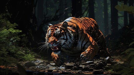 Craft a pixel art version of a fierce tiger hunting its prey in a dense jungle, showcasing the essence of survival Blend the intensity of drone photography with the precision.