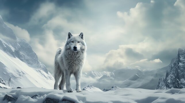 Capture the majestic sight of a lone wolf in a vast snowy landscape, embodying survival instincts Use digital rendering techniques to create a photorealistic scene blending wildlife photography.