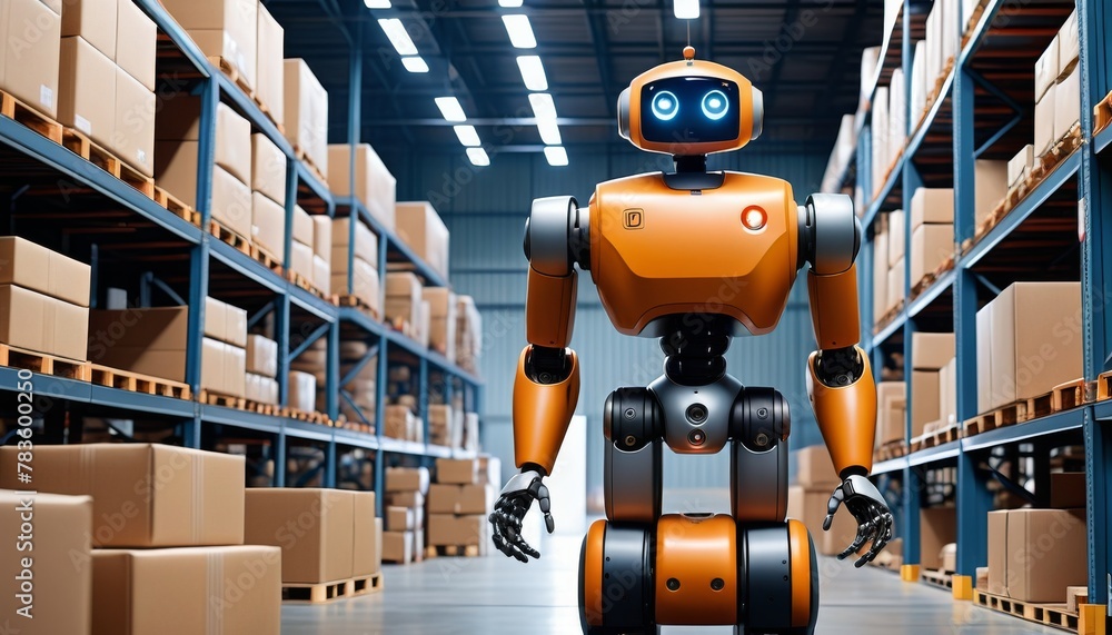 Poster an orange-and-black robot stands amid rows of boxes in a vast warehouse, evoking themes of automatio