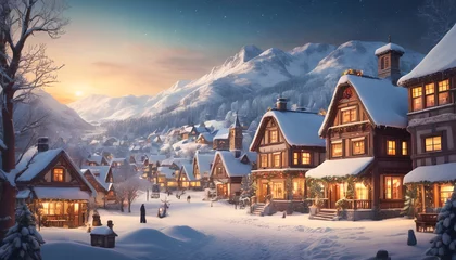 Fototapeten Winter landscape featuring cottages and mountains. Generative AI.   © 4K_Heaven