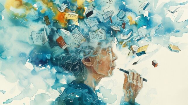 A watercolor portrait of a person holding a pen with illustrations of scenes from the authors past books and current works floating around their head representing the constant reflection .