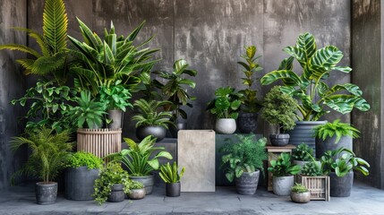 The final image captures a podium surrounded by potted plants of various sizes bringing a touch of the outdoors into any indoor event . . - obrazy, fototapety, plakaty