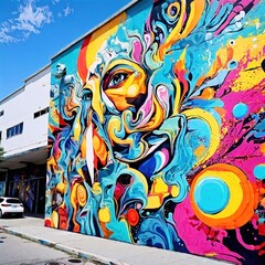 Vibrant street art mural with bold colors and abstract designs.
