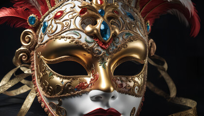 Carnival masks adorned with gold and gemstones. Generative AI.

