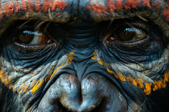 Paranthropus individuals decorating each other with natural pigments, their strong facial features d
