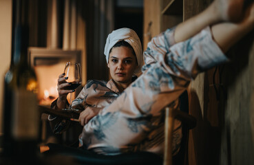 Person enjoying a tranquil moment with wine in a comfortable home environment by the fireside.