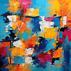Vibrant abstract painting with bold shapes, textures, and layers of color.