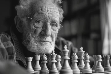 Fotobehang A grandfather who participates in online chess tournaments, his moves guided by an AI coach that hel © Natalia