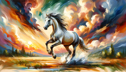 a majestic horse in motion - obrazy, fototapety, plakaty