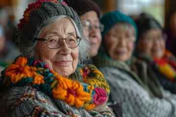 A knitting circle in the community center where the yarn used is infused with joy, and the products