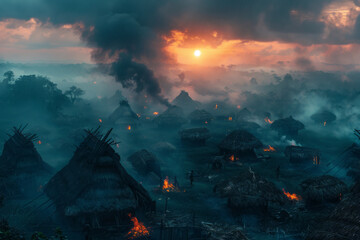 A panoramic view of a Neanderthal settlement at twilight, with smoke rising from fires and figures m - obrazy, fototapety, plakaty