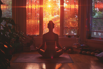A person practicing yoga in their living room, surrounded by a gentle aura that changes colors to re
