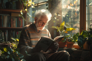 A photograph of a senior reading in a sunlit nook of his home, with rays of sunlight that amplify th - obrazy, fototapety, plakaty