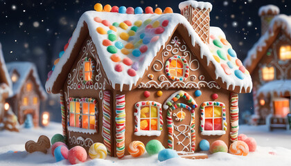 Gingerbread house, decorated gingerbread cake. Generative AI.

