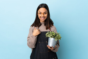 Young brunette mixed race woman holding a plant over isolated blue background with surprise facial...