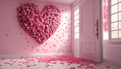 Room decorated with hearts. Generative AI.

