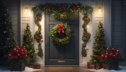 Holiday decorations on the doors. Generative AI.

 - obrazy, fototapety, plakaty