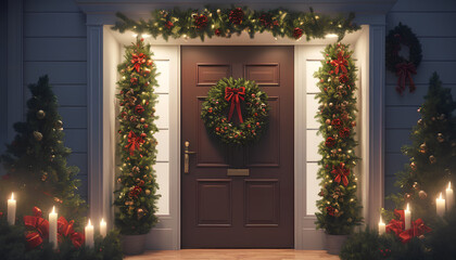 Holiday decorations on the doors. Generative AI.

