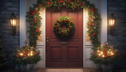 Fototapeta na wymiar Holiday decorations on the doors. Generative AI.