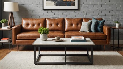 A mid-century modern sofa paired with an industrial-style coffee table, creating a fusion of old and new.
