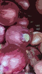 Realistic illustration of bunch of ripe red onions.
