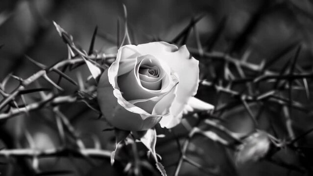 Captured in monochrome, a single white rose blooms amidst a thicket of sharp thorns. In stark contrast to the prickly spines, the rose's petals appear soft and delicate. 