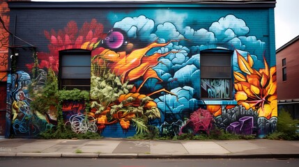 A textured concrete wall with graffiti art covering its surface, adding bursts of color to an urban...