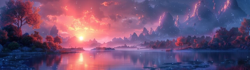 sunset over the lake with Bioluminescent Flora and Surreal Landscapes of an Alien World, super ultrawide background