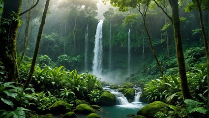 A cascading waterfall hidden within the depths of a verdant jungle, its mist creating a magical aura.