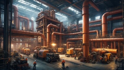 An expansive industrial facility with towering red pipelines, large machinery, and workers in protective gear strategically placed throughout.. AI Generation