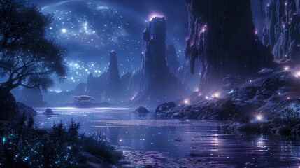 night landscape in a Distant World with Bioluminescent Flora widescreen wallpaper