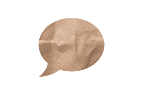 Isolated, crumpled beige sheet of paper in the form of a chat icon. Thought concept. Background for designers.