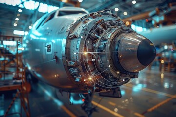Detailed view of an airplane jet engine with complex machinery and gleaming metallic surfaces - obrazy, fototapety, plakaty