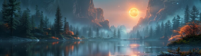 sunset over the river on a Distant World, super ultrawide wallpaper
