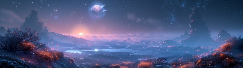 sunset over the mountains Mysterious Landscapes of a Distant World, super ultrawide wallpaper