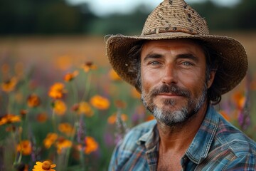 Happy mature man in a straw hat standing among colorful flowers, showcasing joy and nature