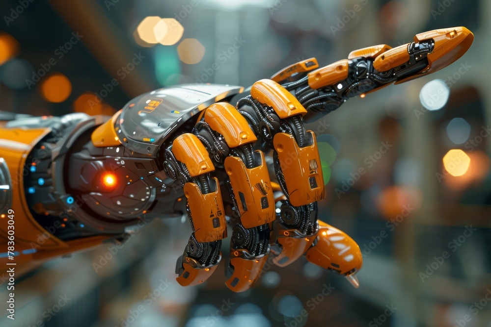 Poster a highly detailed robotic arm shown with a dynamic range of motion and futuristic design elements
