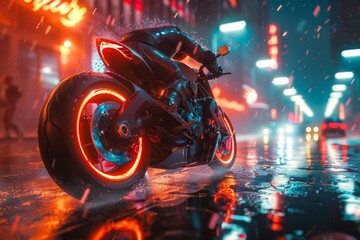 A sleek black motorcycle with vibrant neon lights stands on a rain-soaked urban street at night
