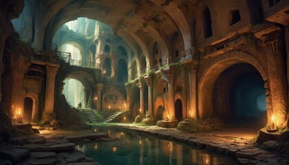 An ancient cavern with majestic arches and a serene pool, illuminated by ethereal light and torches. AI Generation