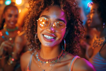 Cheerful young woman with curly hair and reflective glasses enjoying a vibrant party scene