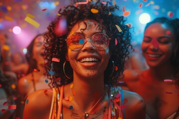 Happy young woman with freckles smiling widely with confetti and glitter on her face at a party