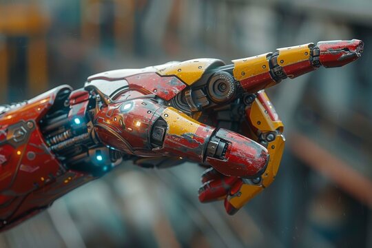 This weathered robotic arm presents an intriguing blend of technology and the passage of time