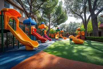 A vibrant and inviting playground with slides and climbing structures amidst green trees and a...