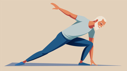 With a focused expression an elderly man stretches his body into a deep backbend his spine fluid and flexible despite his advanced age