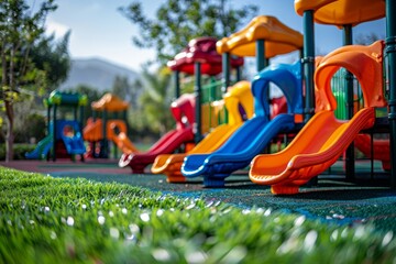 The morning dew glints on the grass of this playground with bright slides and climbing frames, bathed in soft light