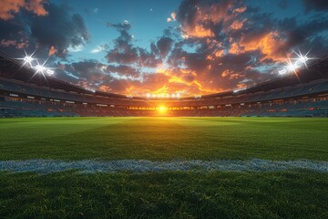 A captivating view of a sunset behind an empty soccer stadium, showcasing the field and stands - obrazy, fototapety, plakaty