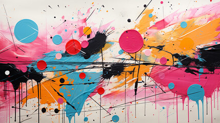 Obraz premium An abstract collage of spray paint splotches, stripes and designs. The painting is has a lot of energy and movement. The colors are bright and bold, creating a sense of excitement